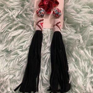 Beaded Black Tassel Statement Earrings with Pink & Blue Studs